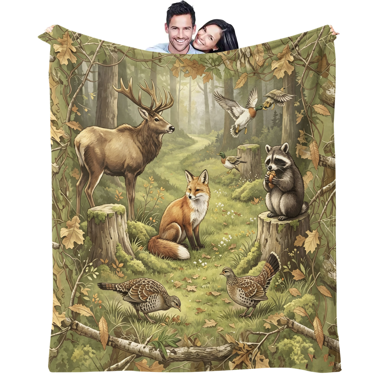 Home Decor Duck - Selimut Flanel Hutan Hijau dengan Gambar